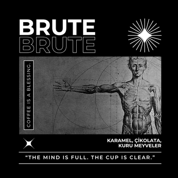 Brute Blend’in siyah beyaz, güçlü tipografili ürün görseli